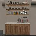 Wooden Sideboard with Marble Countertop Shelves Storage Jars Utensils and Lighting Appliances