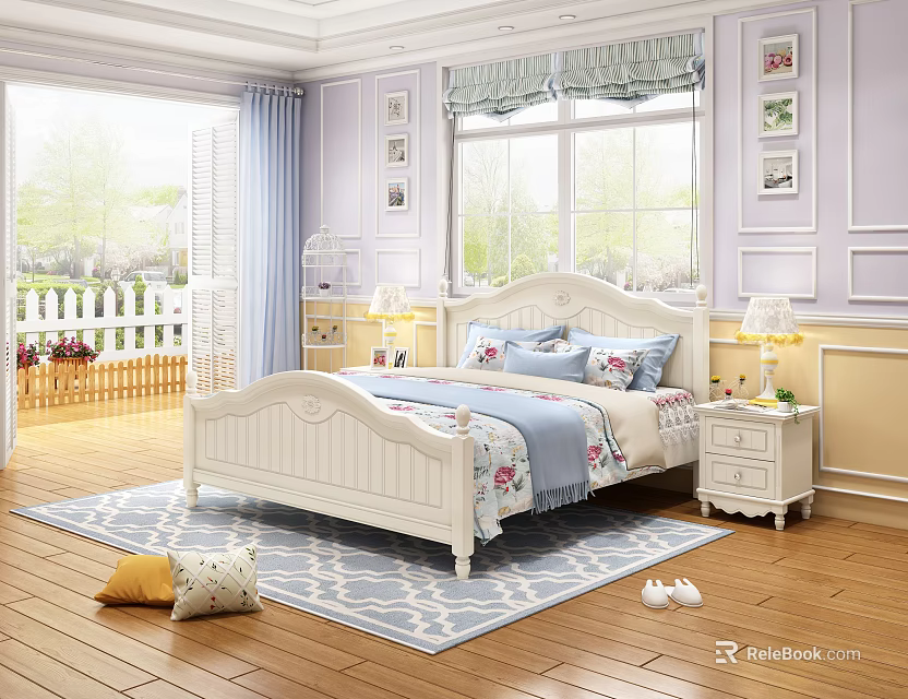 White Double Bed With Blue Pink Bedding In Purple Bedroom With Wooden Floor Geometric Rug 3d model 