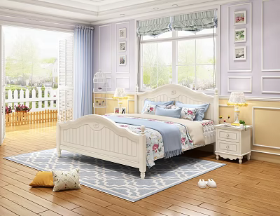 White Double Bed With Blue Pink Bedding In Purple Bedroom With Wooden Floor Geometric Rug 3d model