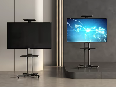 Two Modern TVs One With Black Screen And One Displaying World Map On Floor Stands 3d model