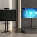 Two Modern TVs One With Black Screen And One Displaying World Map On Floor Stands 3d model