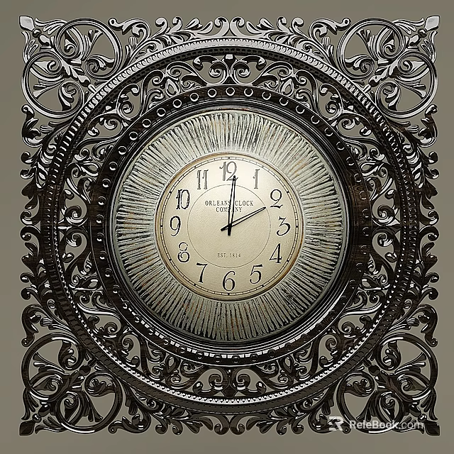 Ornate Decorative Frame Clock With Round Dial Numerical Markings And Intricate Patterns 3d model 