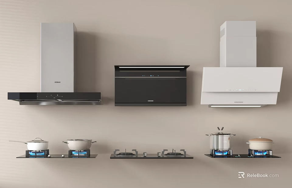 Modern Kitchen Appliances Featuring Various Range Hoods Stoves And Cooking Pots 3d model 