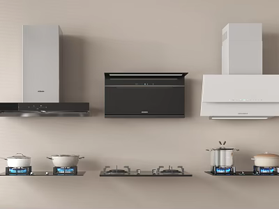Modern Kitchen Appliances Featuring Various Range Hoods Stoves And Cooking Pots 3d model