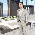 Two Men Wearing Suits Standing in Modern Building Lobby With Large Windows and Tree Planter