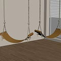 Natural Wooden Hanging Chairs Suspended by Ropes in Indoor Room with Window Blinds