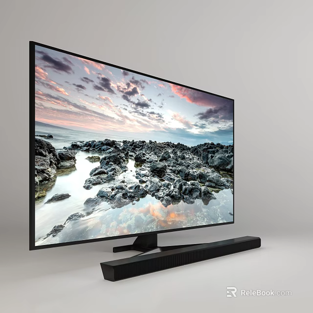 High Resolution Computer Monitor Displaying Scenic Rock Sea View With Slim Soundbar 3d model 