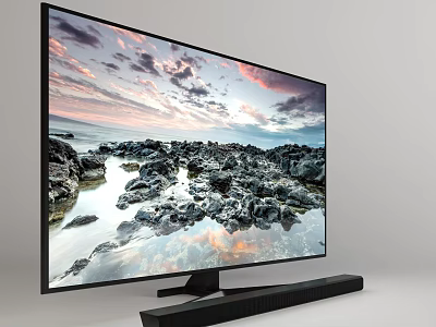 High Resolution Computer Monitor Displaying Scenic Rock Sea View With Slim Soundbar 3d model