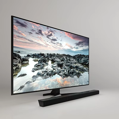 High Resolution Computer Monitor Displaying Scenic Rock Sea View With Slim Soundbar 3d model