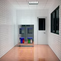 Cafeteria Stainless Steel Sterilizer With Blue Lighting And Colorful Plates On Tile Walls And Floor