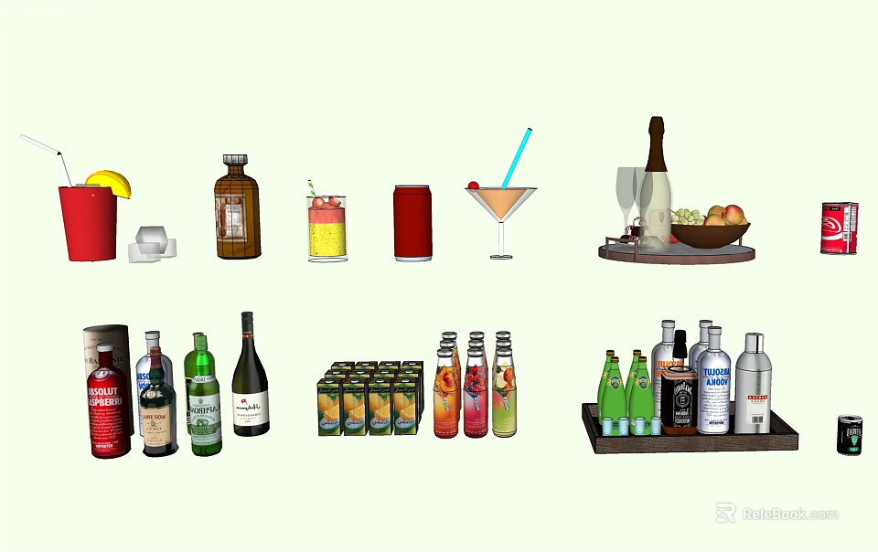 Variety of Drinks Including Bottled Canned Beverages and Cocktail Glasses 3d model 