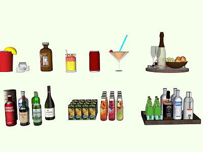 Variety of Drinks Including Bottled Canned Beverages and Cocktail Glasses 3d model