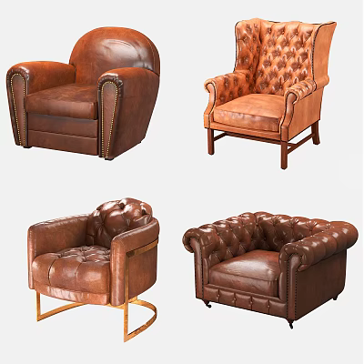 Stylish Brown Leather Armchairs with Rivets Button Tufted and Metal Legs in Various Designs 3d model