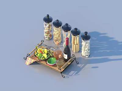 Wooden Tray With Glass Spice Jars Wine Bottle And Fresh Fruits 3d model