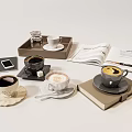 Various Coffee Cups With Saucers On Tray Alongside Open Magazine Mobile Phone And Sugar Bowl