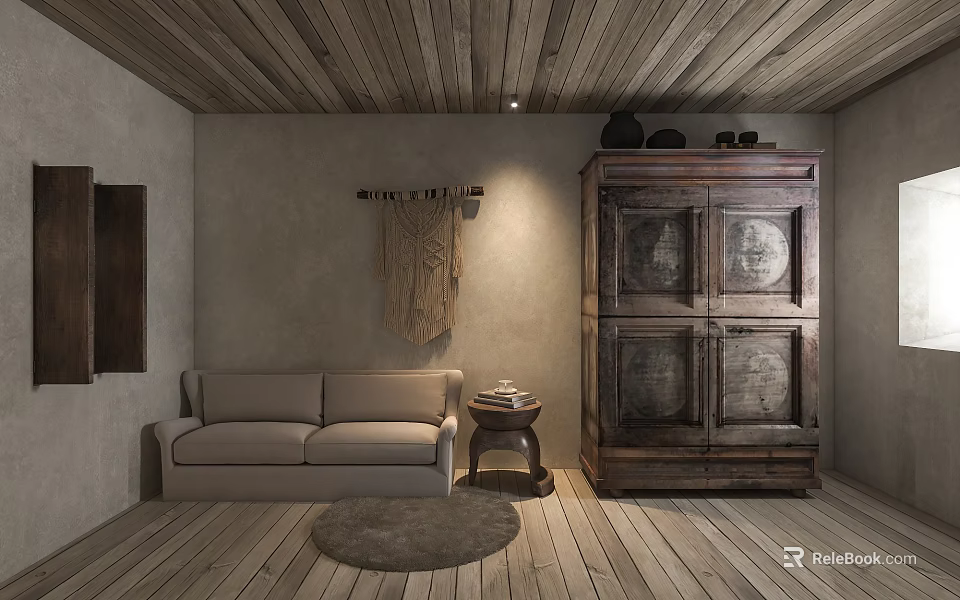 Cozy Shower Sauna Interior With Wooden Ceiling Gray Walls And Beige Sofa 3d model 