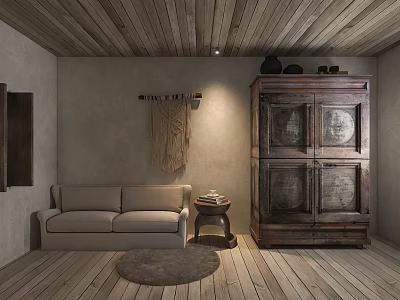 Cozy Shower Sauna Interior With Wooden Ceiling Gray Walls And Beige Sofa 3d model