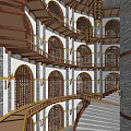 Cartoon Fantasy Castle Interior With Spiral Staircase Arched Doors And Hanging Cages
