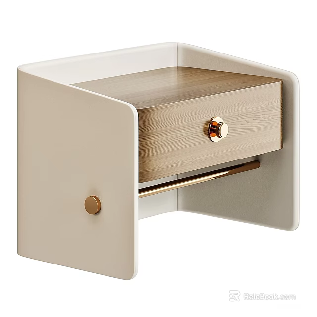 Modern Minimalist Beige Bedside Table With Wooden Drawer Gold Knob And Metal Bar 3d model 