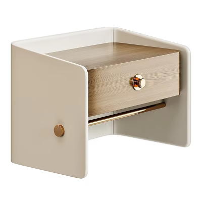 Modern Minimalist Beige Bedside Table With Wooden Drawer Gold Knob And Metal Bar 3d model