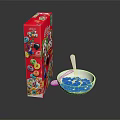 Colorful Breakfast Cereal in White Bowl with Spoon and Red Packaging Box
