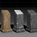 Three Stone Pillars With Different Colors Carved Bases And Textured Surfaces