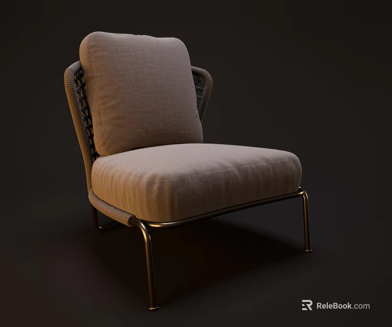 Beige Fabric Single Seater Sofa With Braided Armrests And Gold Metal Legs 3d model 