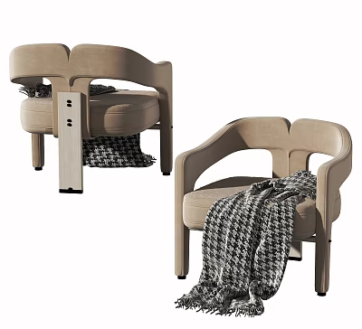 Beige Leisure Chair With Curved Armrests And Plaid Blanket Decoration Design 3d model