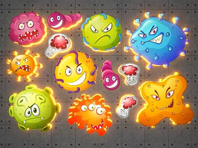 Colorful Cartoon Virus Characters With Diverse Expressions On Gray Grid Background 3d model