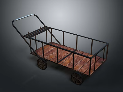 Vintage Metal Frame Cart With Wooden Plank Base Handle And Wheels 3d model