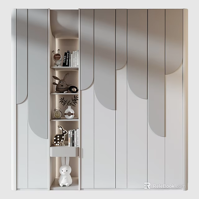 Sleek Modern Wardrobe Design With Shelves And Decorative Bunny Figurines 3d model 