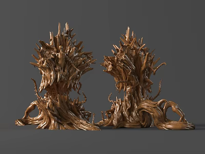 Two Golden Twisted Wooden Root Plant Sculptures With Artistic Carved Details 3d model