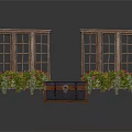 Wooden Window Frames With Flower Boxes Filled With Colorful Flowers And Vintage Chest