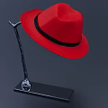 Stylish Red Fedora Hat Displayed On Black Metal Stand With Base 3d model