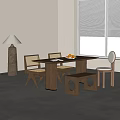 Modern Wooden Dining Table Set With Rattan Back Chairs And Bench 3d model