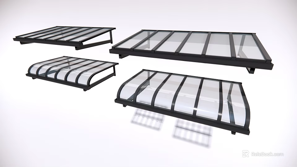 Glass Canopies with Black Frames Various Shapes Including Flat Top and Curved Designs 3d model 