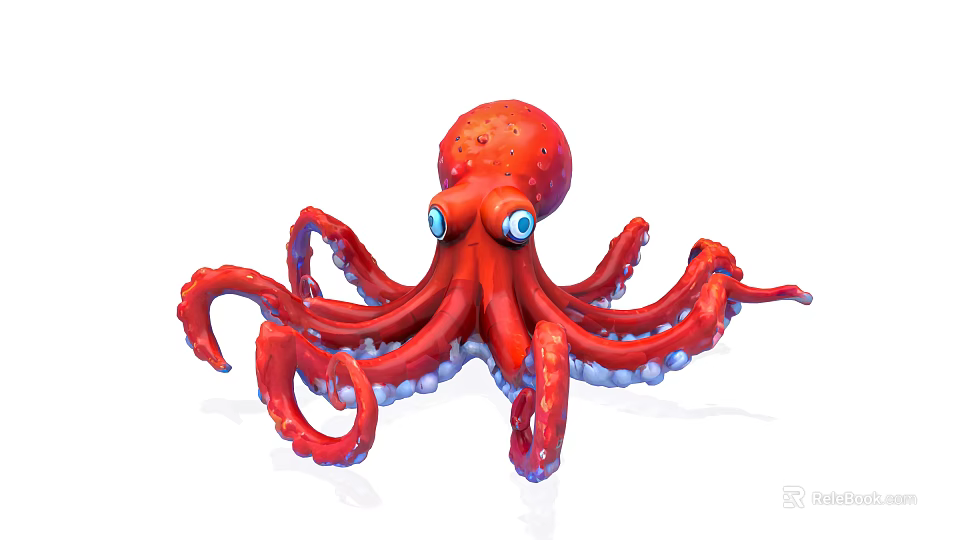 Vibrant Red Octopus With Blue Eyes And White Suckers On Curved Tentacles 3d model 