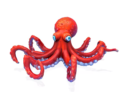 Vibrant Red Octopus With Blue Eyes And White Suckers On Curved Tentacles 3d model