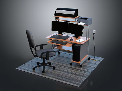 Modern Home Office Desk With Ergonomic Chair Dual Monitors Printer And Rug 3d model