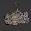 Modern Industrial Scene On Rocky Platform With Wooden Crane Ladder Barrels And Tarpaulin