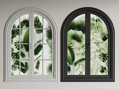 Arched Casement Windows With Gray And Black Frames Green Tropical Leaf Patterns Design 3d model