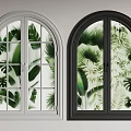 Arched Casement Windows With Gray And Black Frames Green Tropical Leaf Patterns Design 3d model
