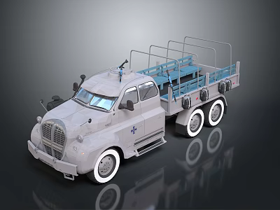 Vintage Gray Truck With Open Cargo Bed Metal Railings And White Wheels 3d model