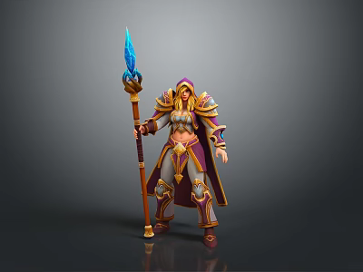 A Woman in Golden Armor Holding Staff With Blue Flame and Cape 3d model