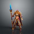 A Woman in Golden Armor Holding Staff With Blue Flame and Cape