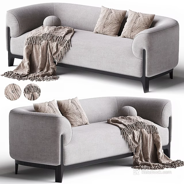 Modern Gray Fabric Two-Seater Sofa With Soft Pillows Cozy Throw Blanket And Black Wooden Legs 3d model 