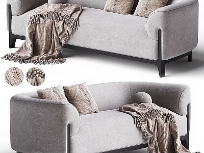 Modern Gray Fabric Two-Seater Sofa With Soft Pillows Cozy Throw Blanket And Black Wooden Legs 3d model