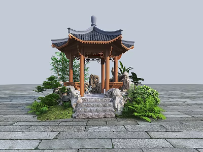 Traditional Chinese Pavilion With Tiled Roof Stone Steps And Green Plants 3d model