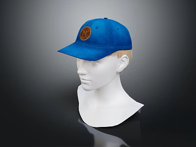 Blue Baseball Cap With Brown Logo Displayed On White Mannequin Head 3d model