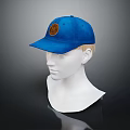 Blue Baseball Cap With Brown Logo Displayed On White Mannequin Head
